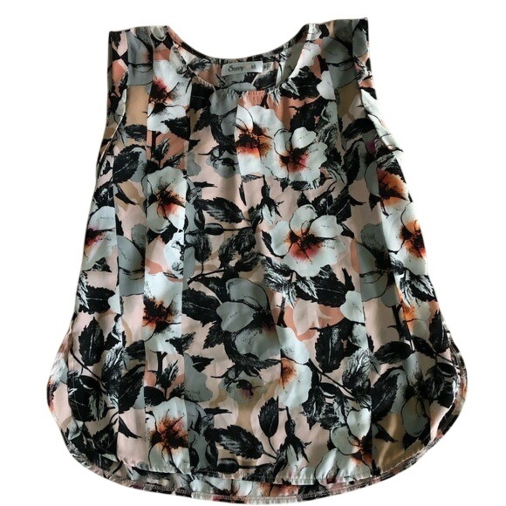 Sunny Girl Womens Floral Sleeveless Blouse Pink Black White Size M Curved‎ Hem
